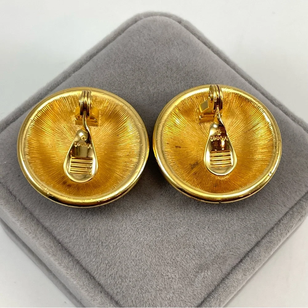 Vintage Monet Yin Yang Gold Tone Black Enamel Rhinestone Clip On Earrings